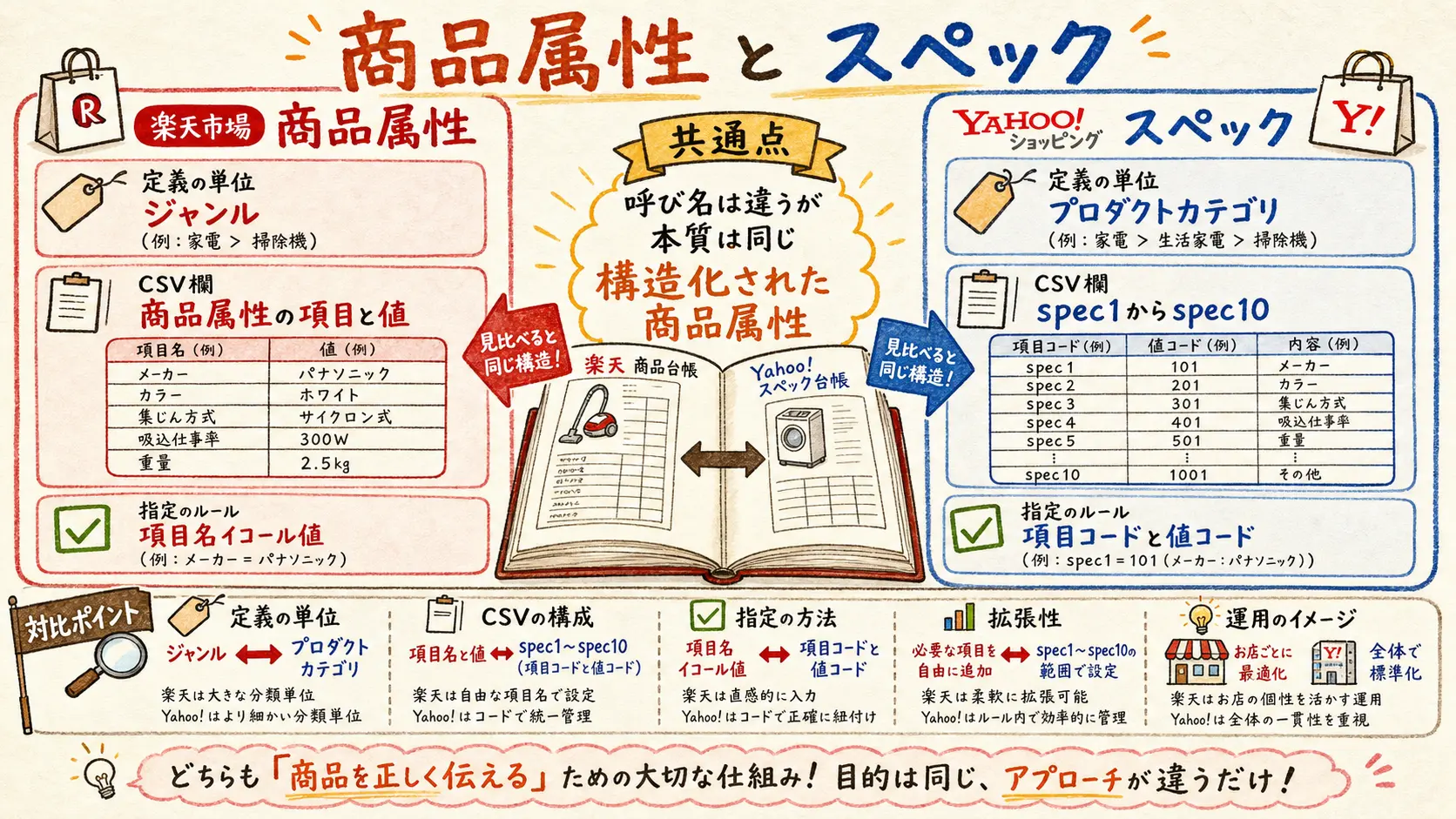 楽天の「商品属性」とYahoo!ショッピングの「スペック」の違いと共通点を対比した図解